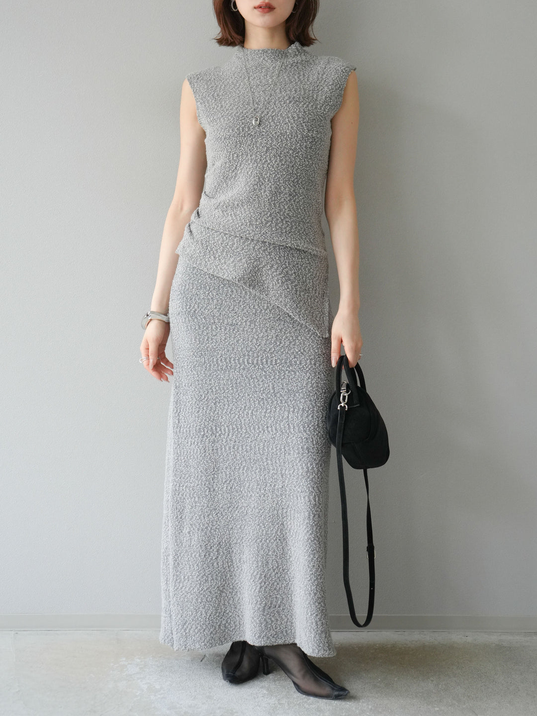 [套裝] 珠地佈針織無袖上衣 + 珠地佈針織I字裙 (2套)