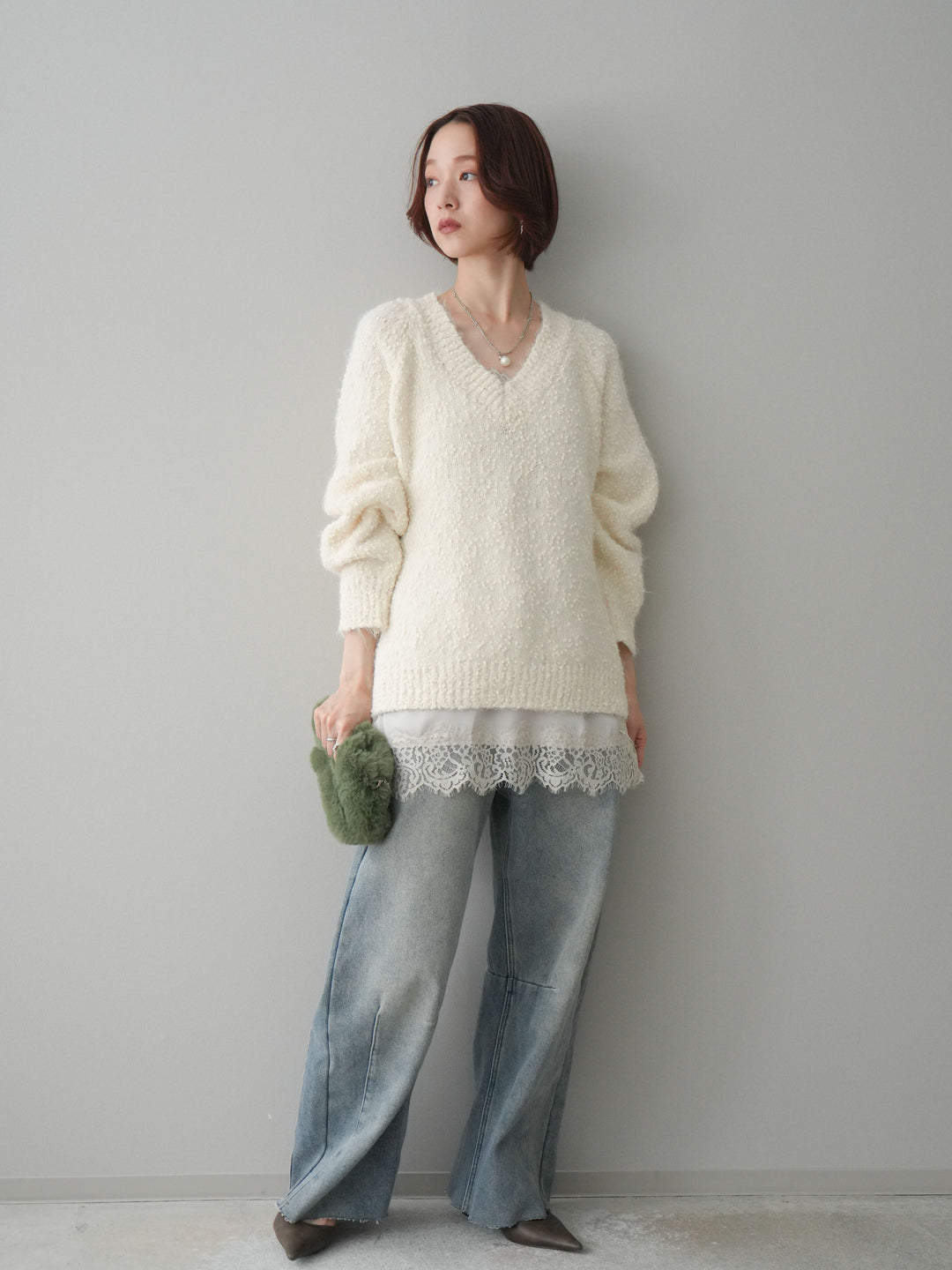[予約]裏起毛カットオフカーブデニムパンツ/blue