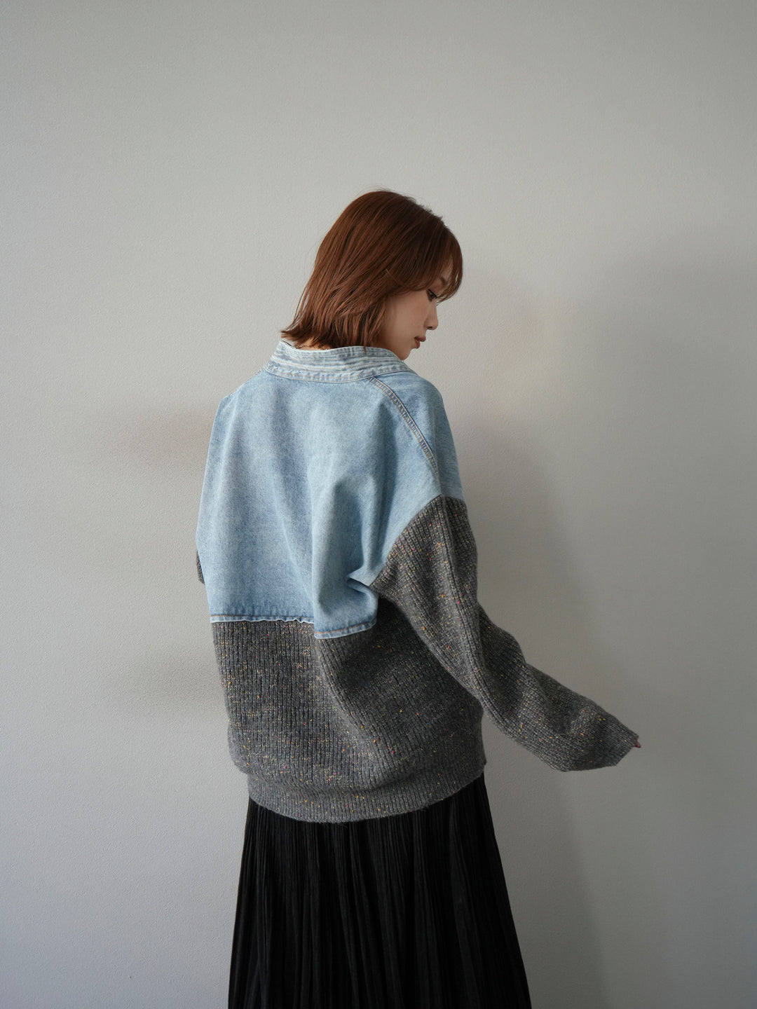 [予約]デニム切替ネップニットカーディガン/グレー