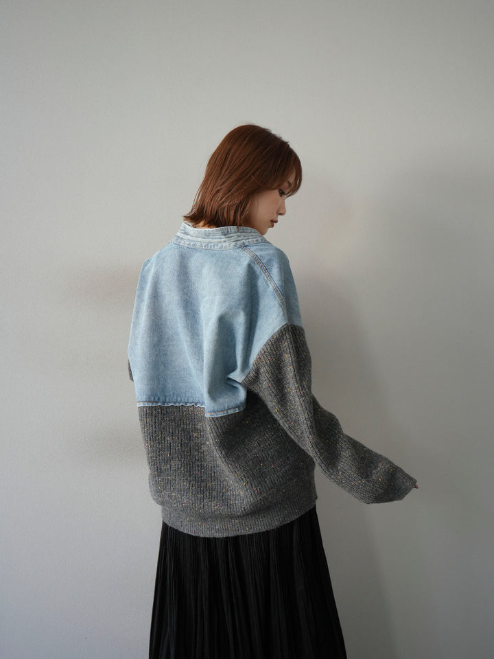 [予約]デニム切替ネップニットカーディガン/グレー