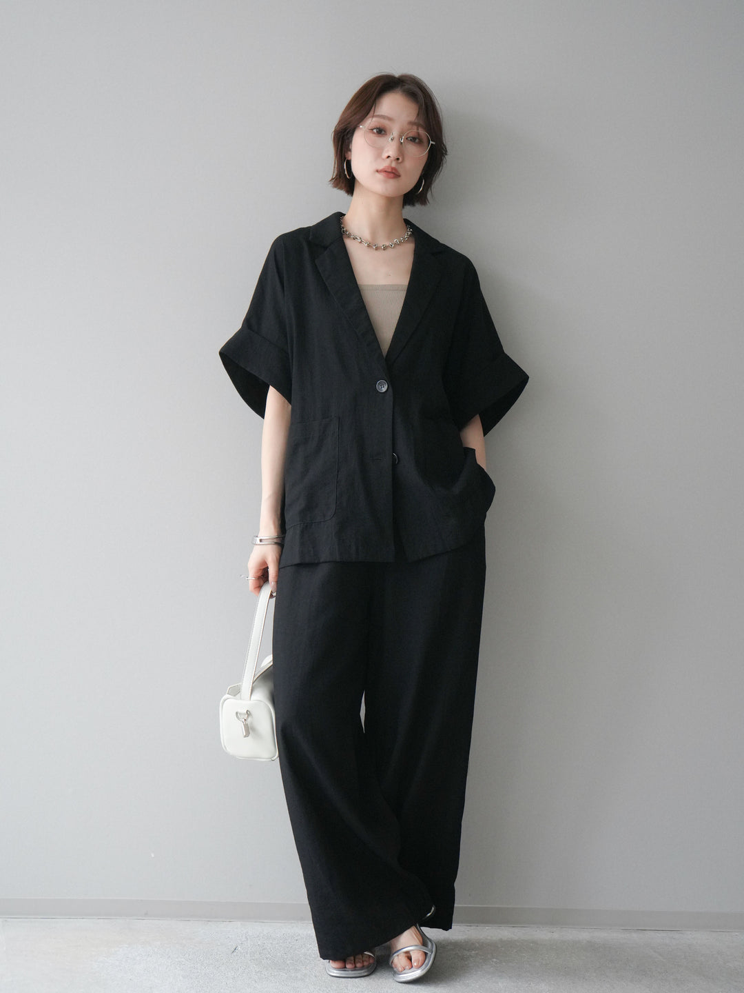 [SET]ハーフスリーブオーバージャケット+リラックスワイドパンツ(2set)