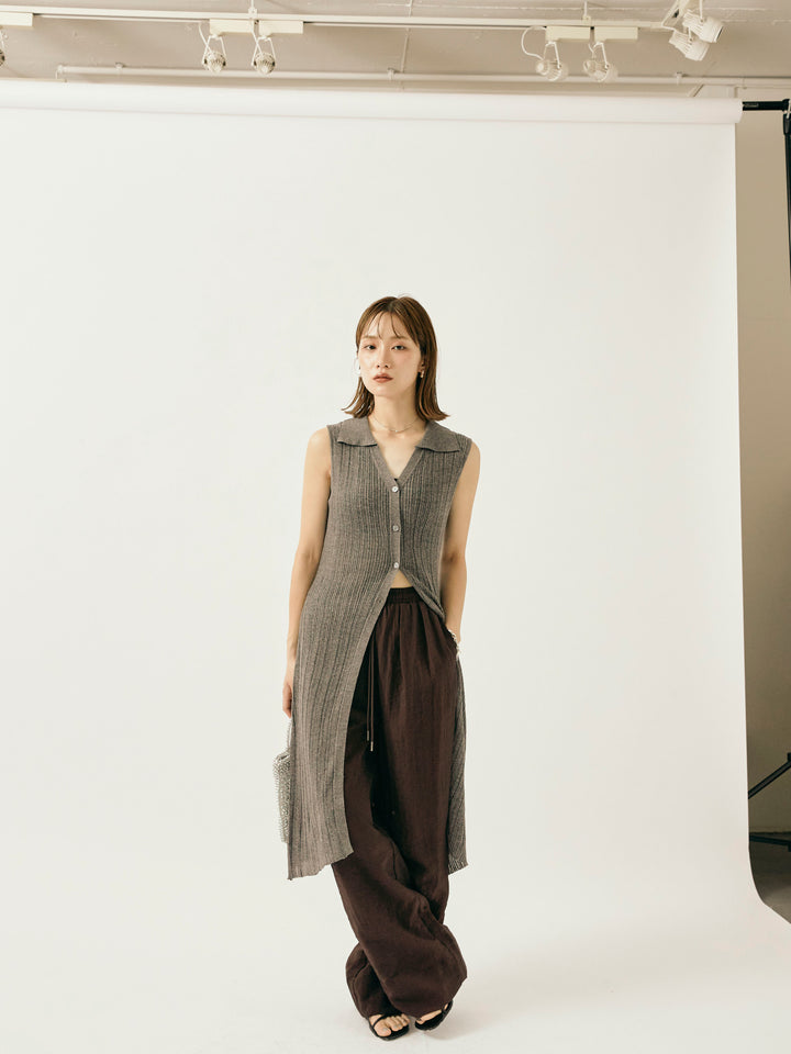 【Allure】[SET]襟付きランダムリブロングニットカーディガン+シャイニースラブシアーワイドパンツ(2set)