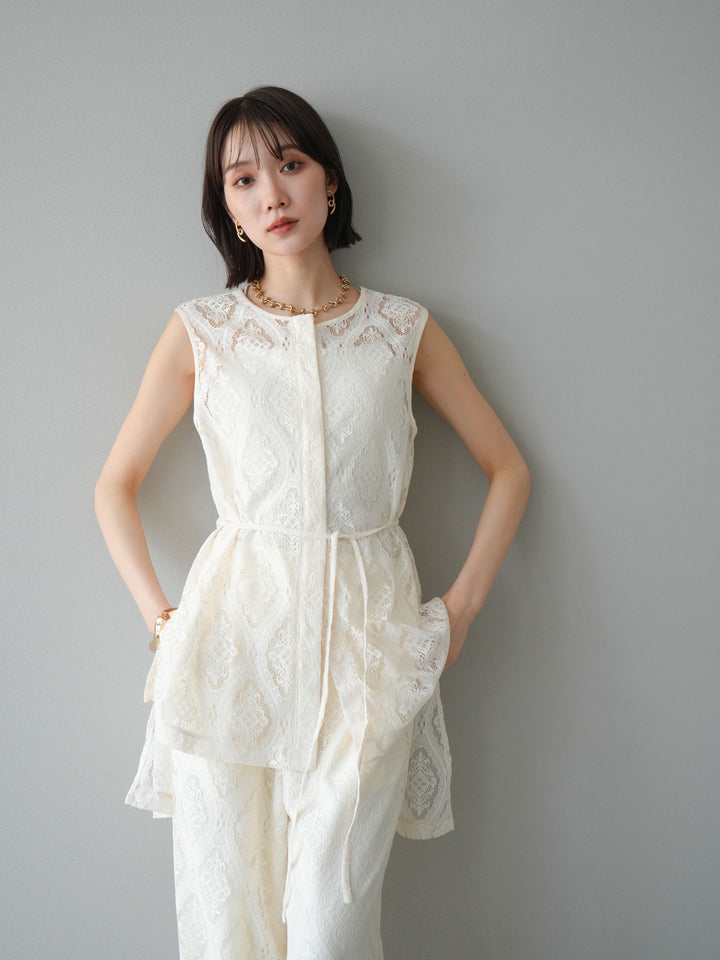 [予約]サテンパイピングレースノースリーブトップス/アイボリー