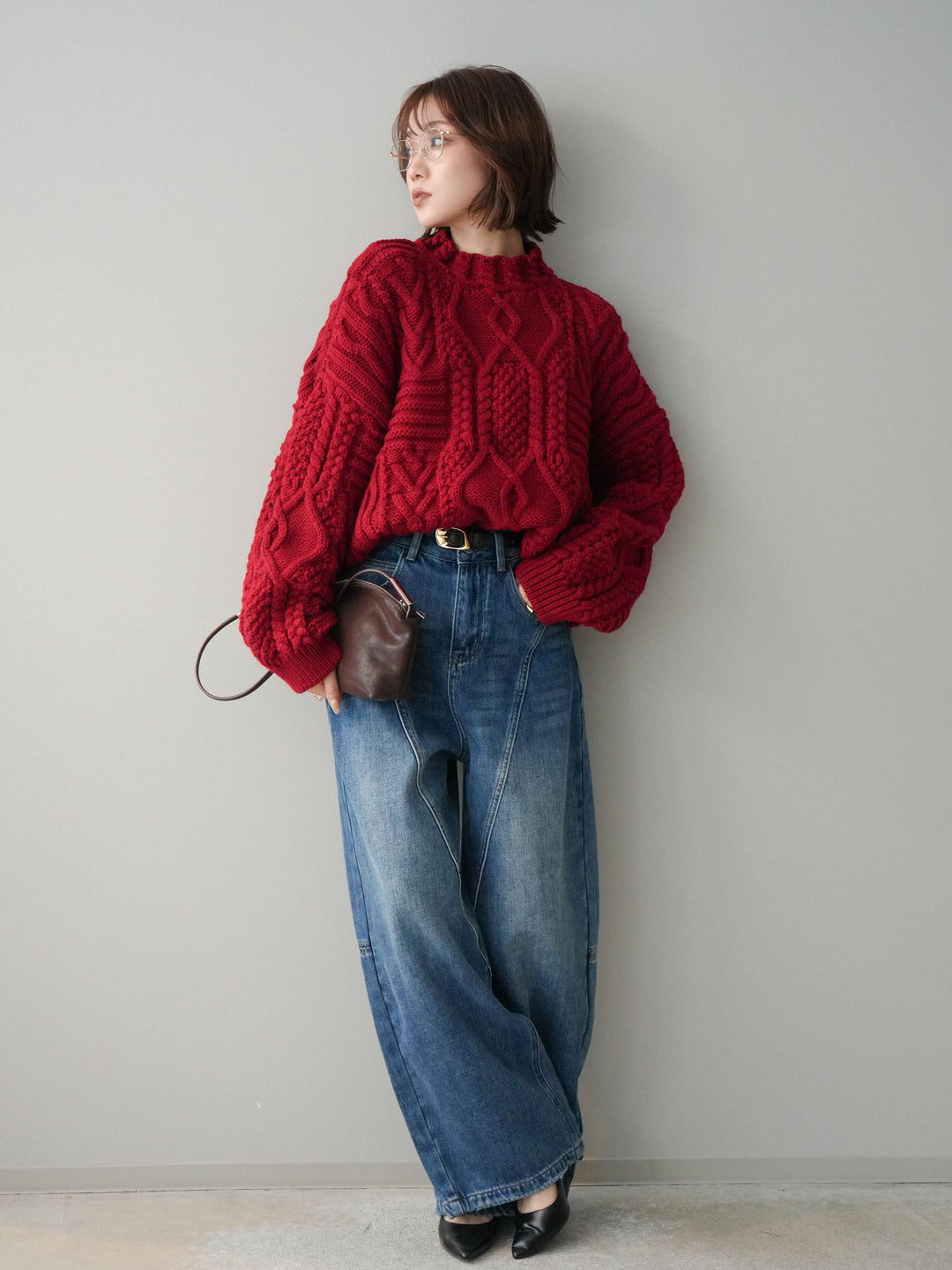 [予約]ケーブル編みモックネックニットプルオーバー/red