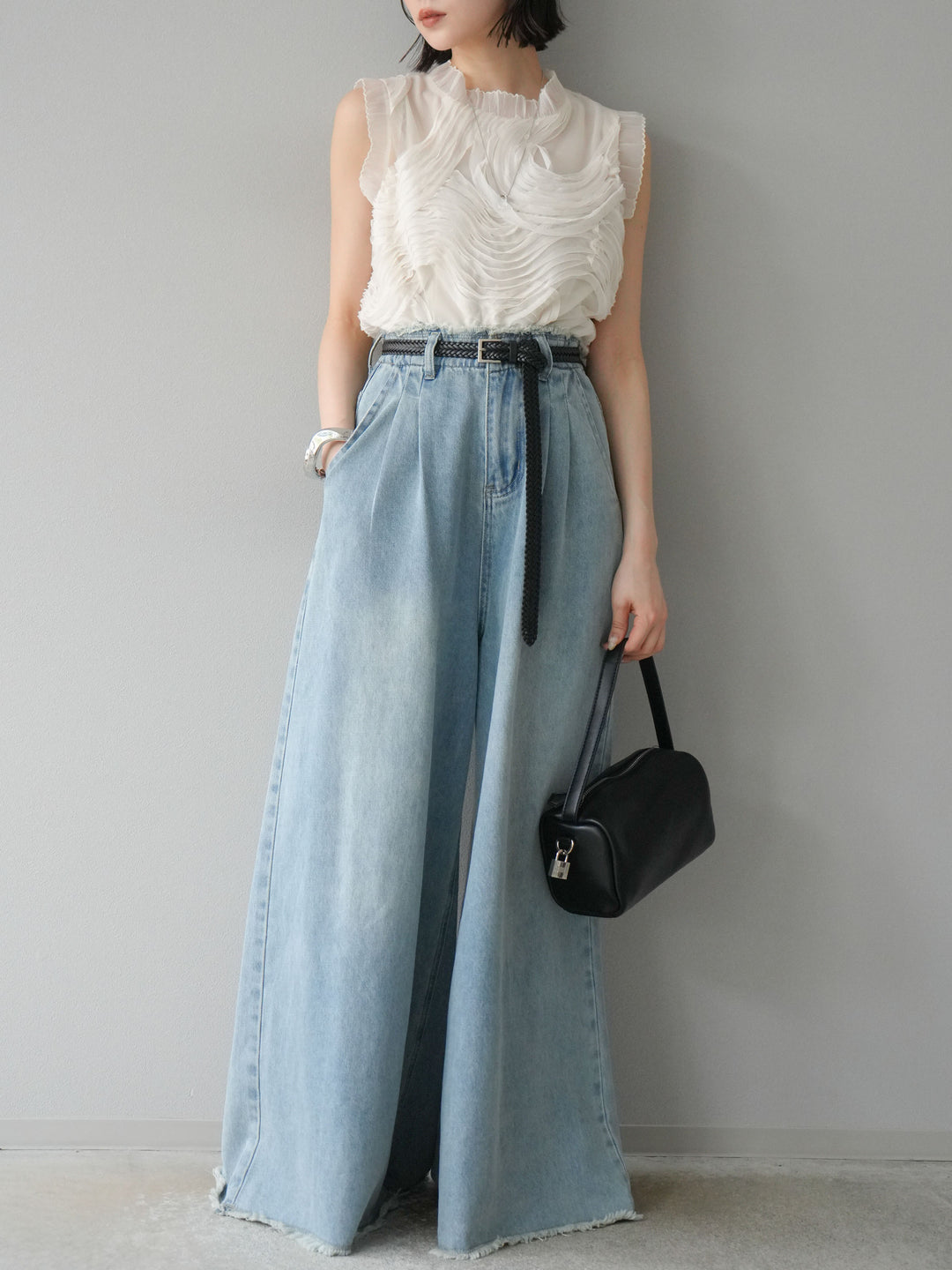 【預購】流蘇高腰寬牛仔褲/淺藍