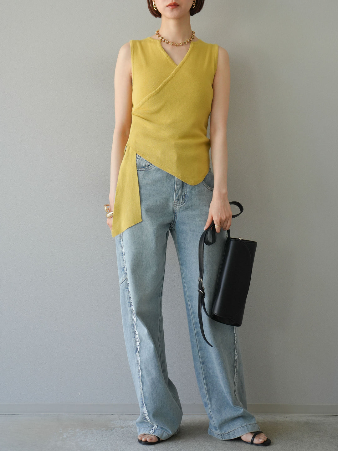 [SET]カシュクールノースリーブニットトップス+ラインレースデニムパンツ(2set)