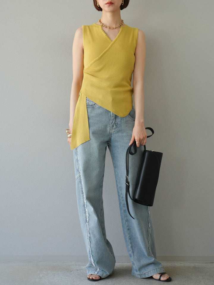 [SET]カシュクールノースリーブニットトップス+ラインレースデニムパンツ(2set)