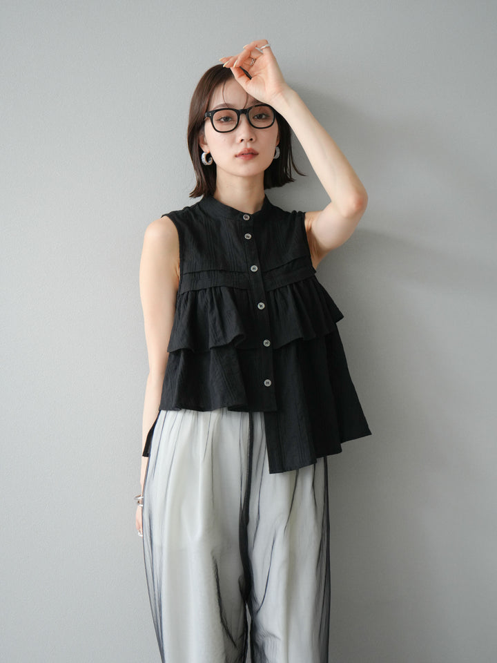[予約]ドビーストライプアシンメトリーフリルノースリブラウス/ブラック