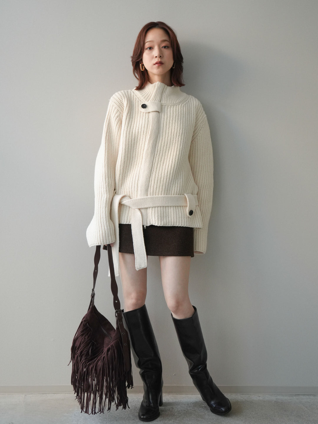 [SET]畦編みボトルネックZIPニットカーディガン+ウールタッチベルト付ミニスカート(2set)