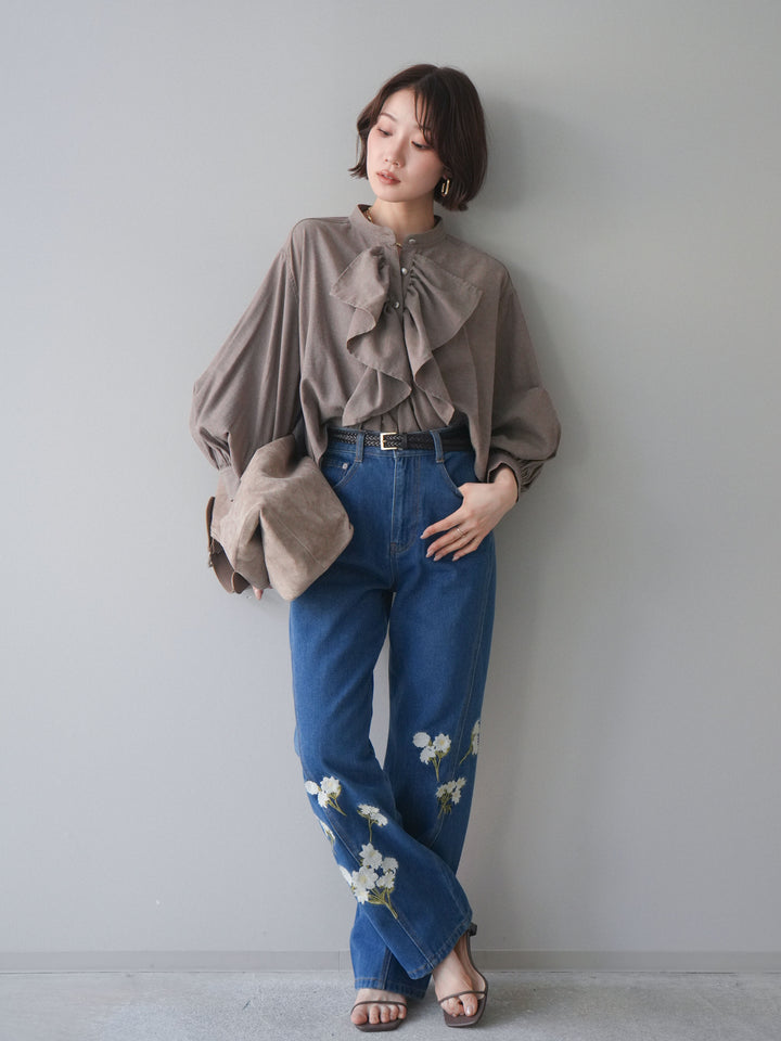 [SET]ラッフルフレアショートブラウス+フラワー刺繍ストレートデニム(2set)