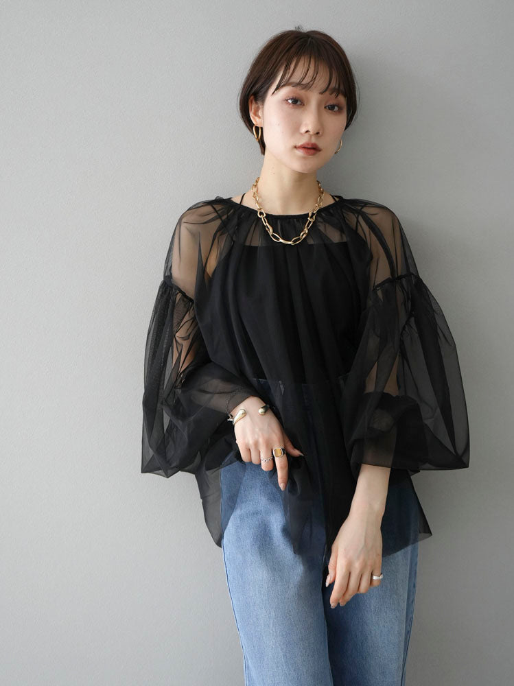 予約]チュールギャザーブラウス/ブラック – Lumier 