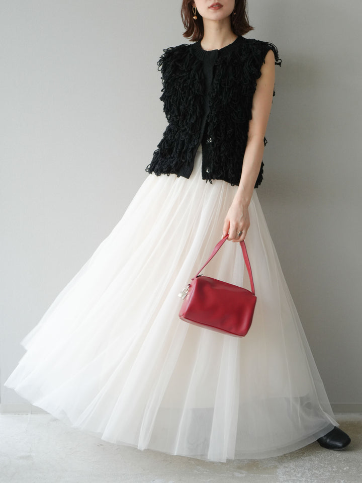 [SET] 前開衩針織背心 + 薄紗蓬鬆裙 (2 件套)