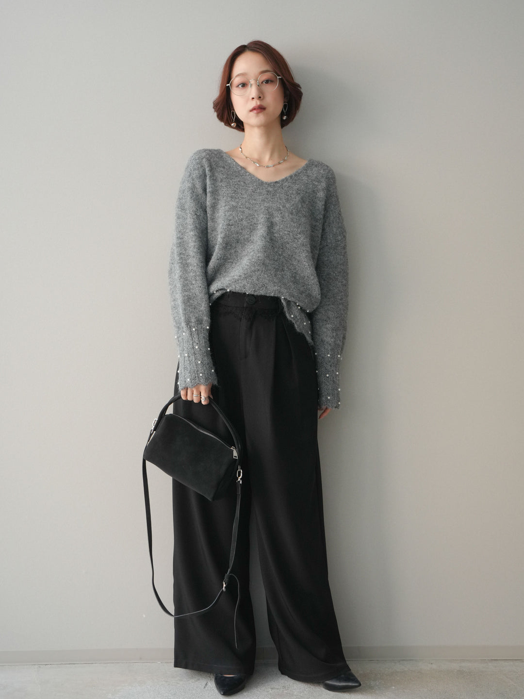 [予約]ウエストレースタックワイドパンツ/black