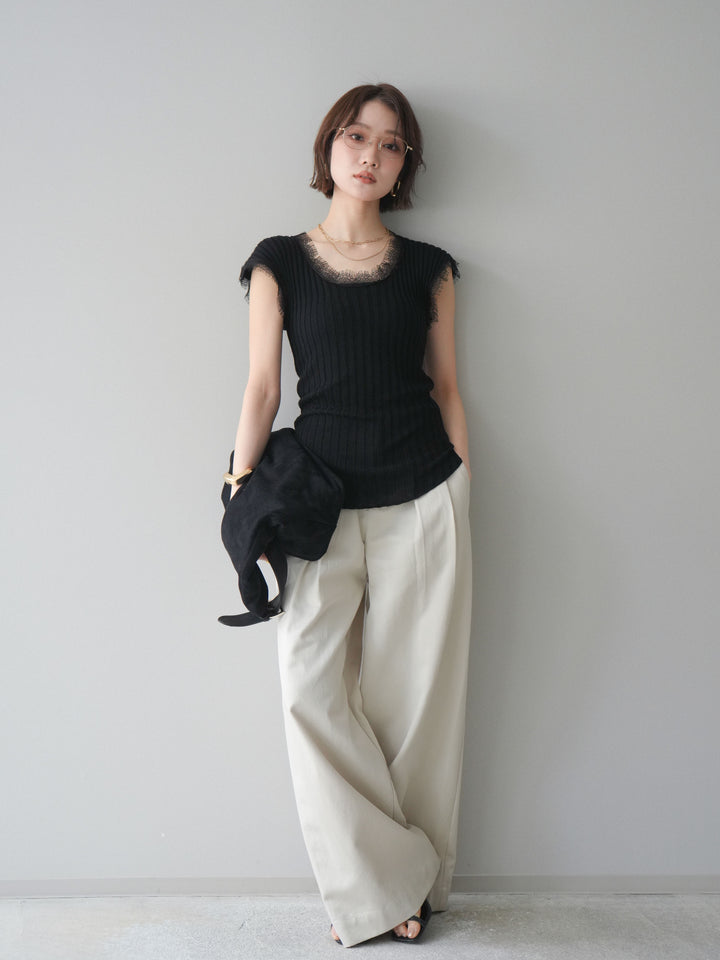 [予約]レーストリムリブニットトップス/black