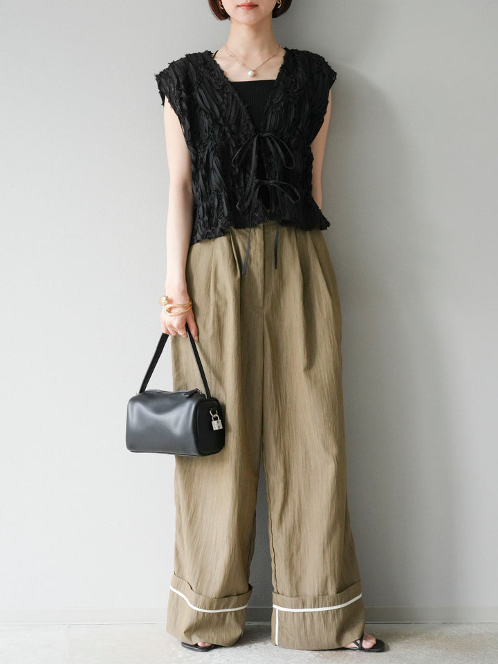 [SET] 提花蕾絲蝴蝶結上衣+麻質下擺迴力寬褲（2件套）