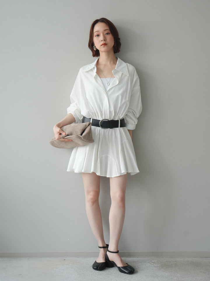 【預購】繫帶喇叭襯衫迷你洋裝 / 白色