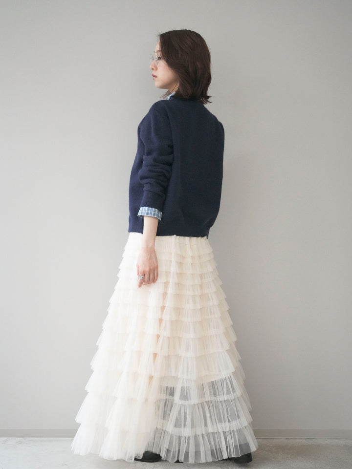 [予約]チェックシャツレイヤードデザインニットカーディガン/navy