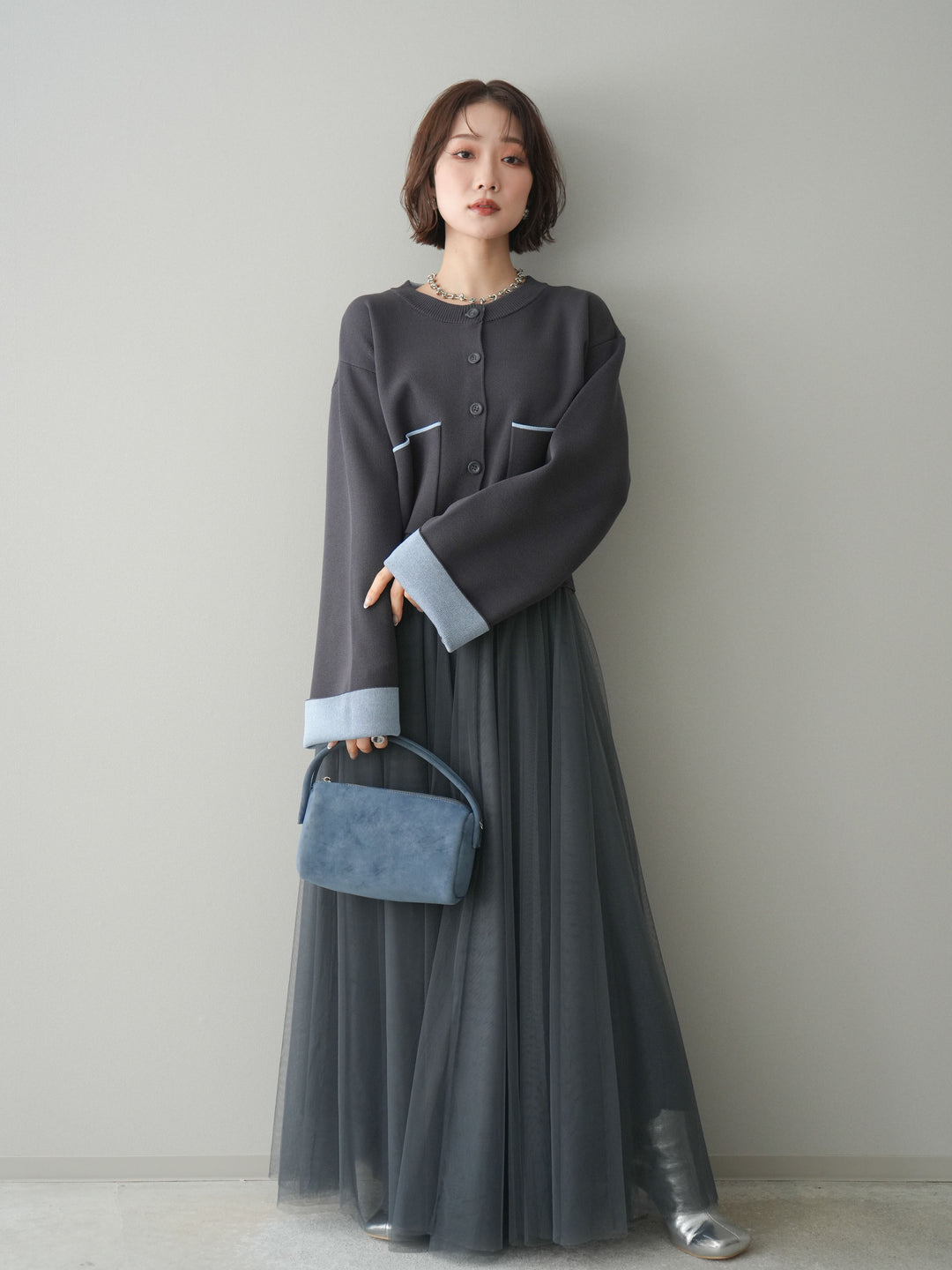 [予約]レーヨンポリダブルフェイスニットカーディガン/charcoal