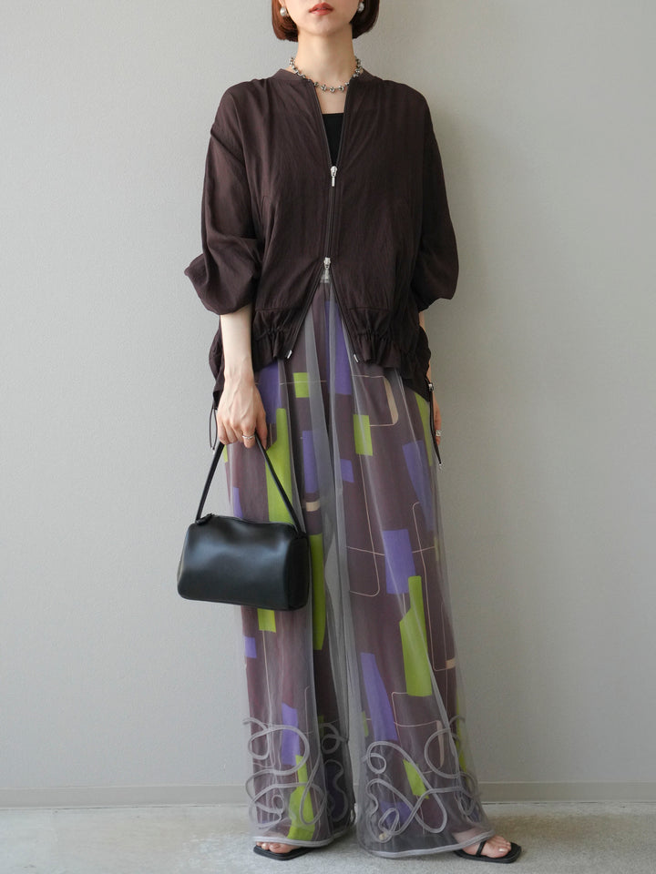 [予約]レーヨンフレックススラブレトロ柄ストレートパンツ/ワイン