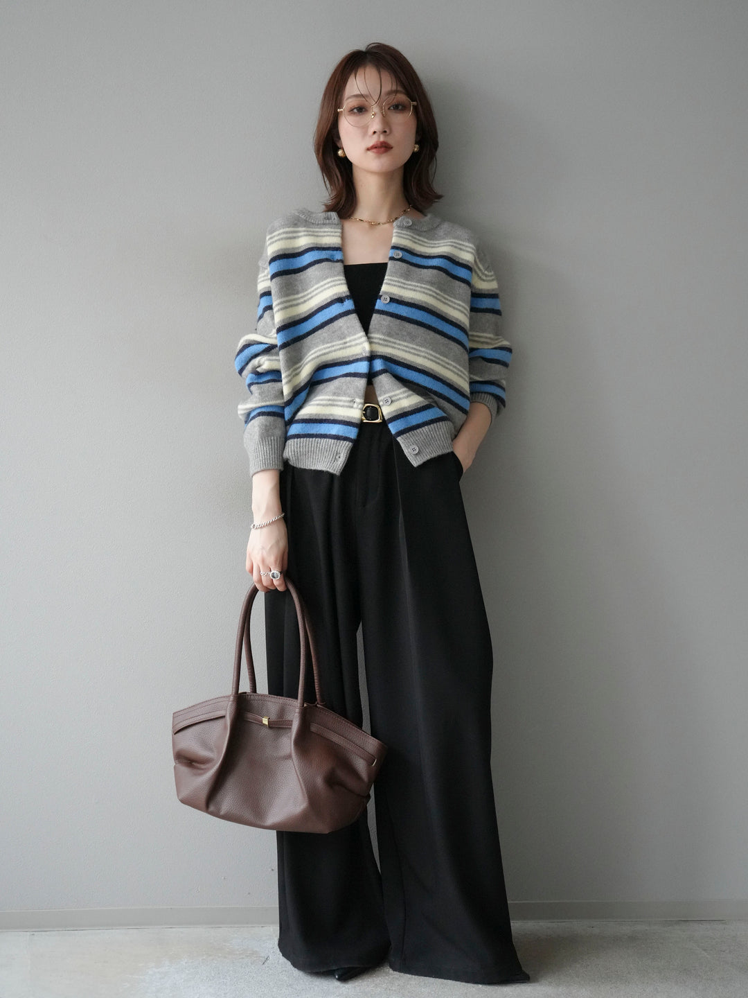 [SET]マルチボーダーニットカーディガン+ベルトループデザインワイドパンツ(2set)