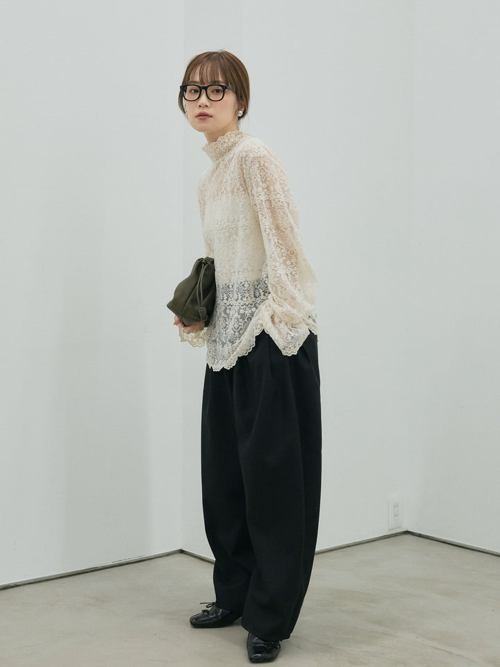 【Allure】[SET]ハイネックレーストップス+モックスカルゼサイドタックコクーンパンツ(2set)