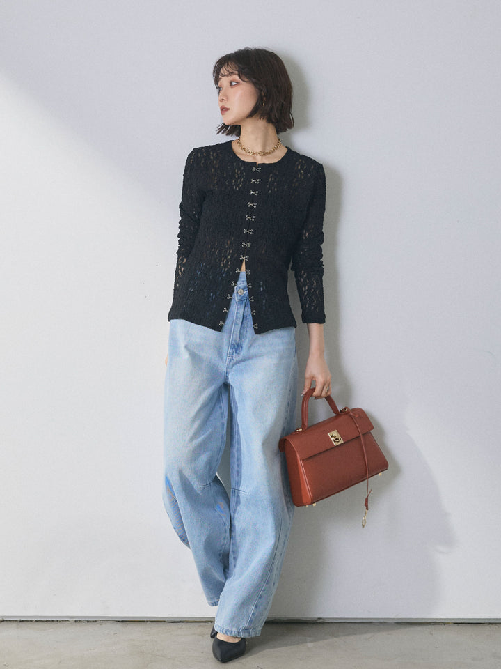 【魅力】[套裝] 金色紐帶針織開襟衫 x 蕾絲襯衫套裝 + 不對稱曲線牛仔褲（兩件套）