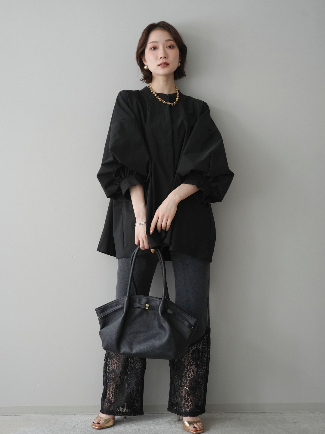 [予約]レース切替フレアデニムパンツ/black