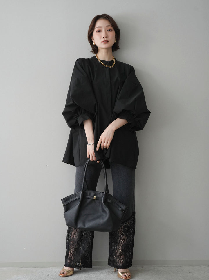 [予約]レース切替フレアデニムパンツ/black