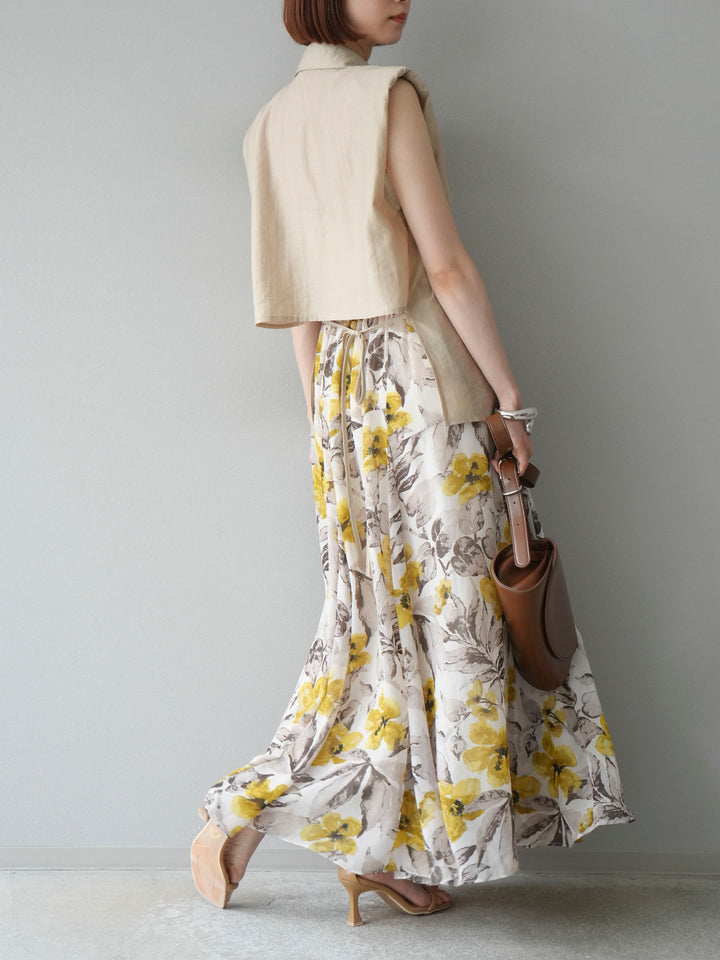 [予約]フラワープリントボリュームフレアスカート/イエロー