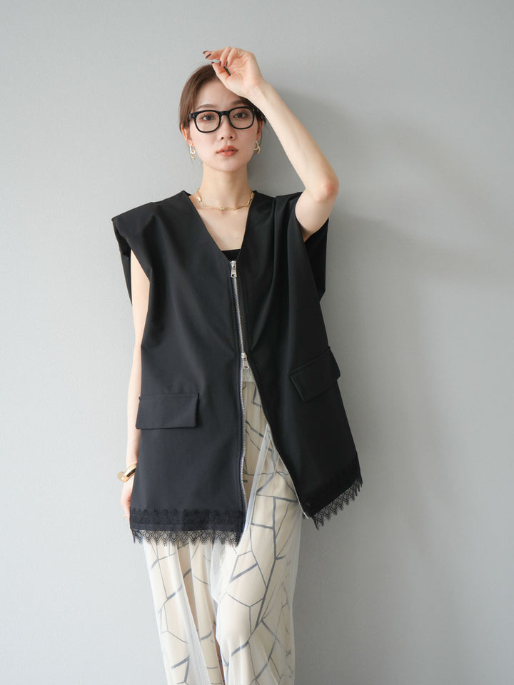 [預購] 雙拉鍊蕾絲下擺背心/黑色