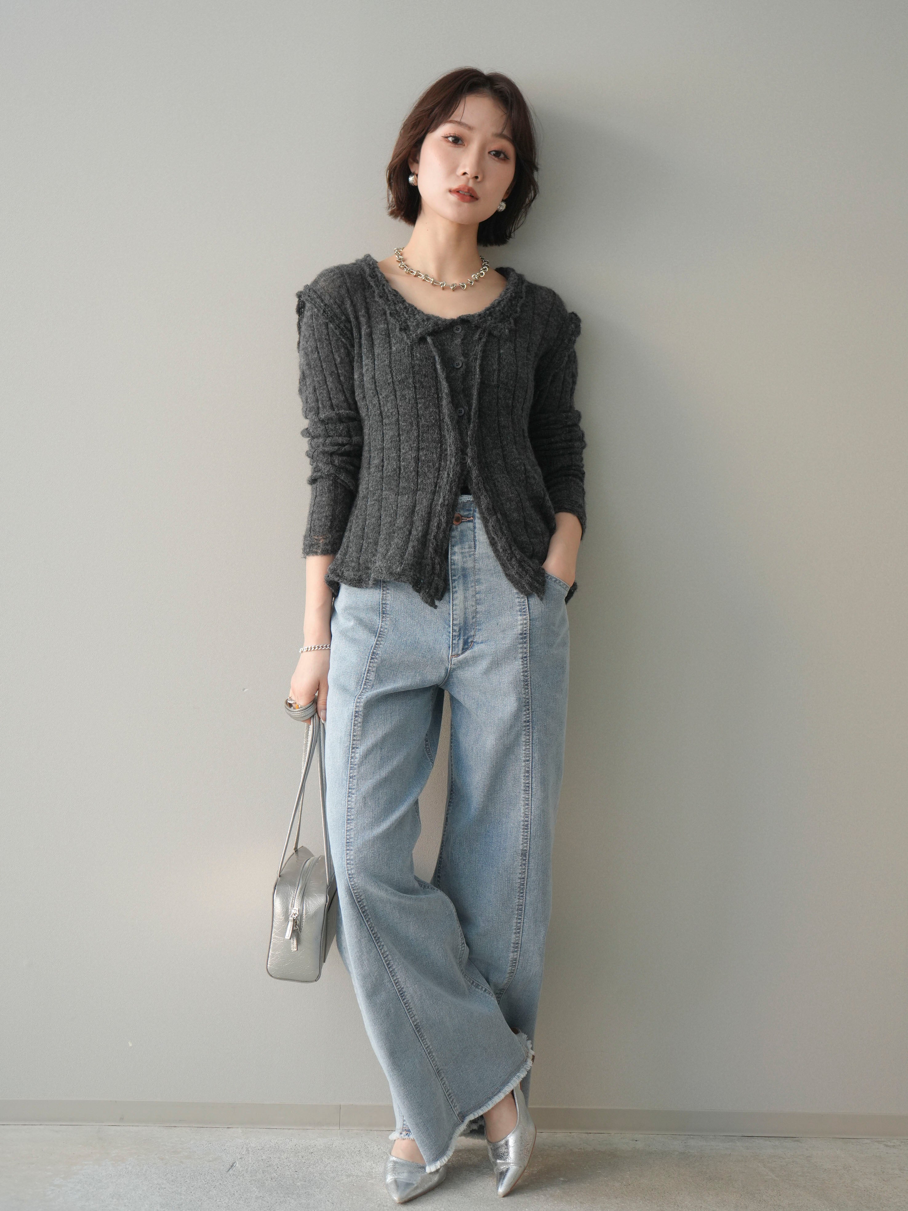 SET]センターステッチストレッチカットオフデニムパンツ+センター