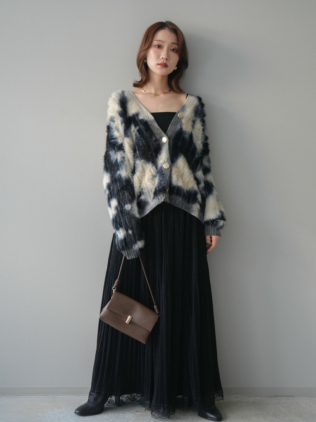 [予約]ニュアンス柄シャギーニットカーディガン/khaki