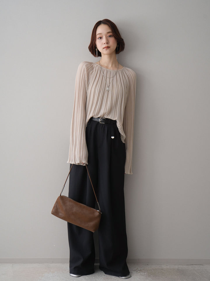 [SET]プリーツシアーフレアスリーブニットトップス+ベルト付キーホルダーモチーフワイドパンツ(2set)