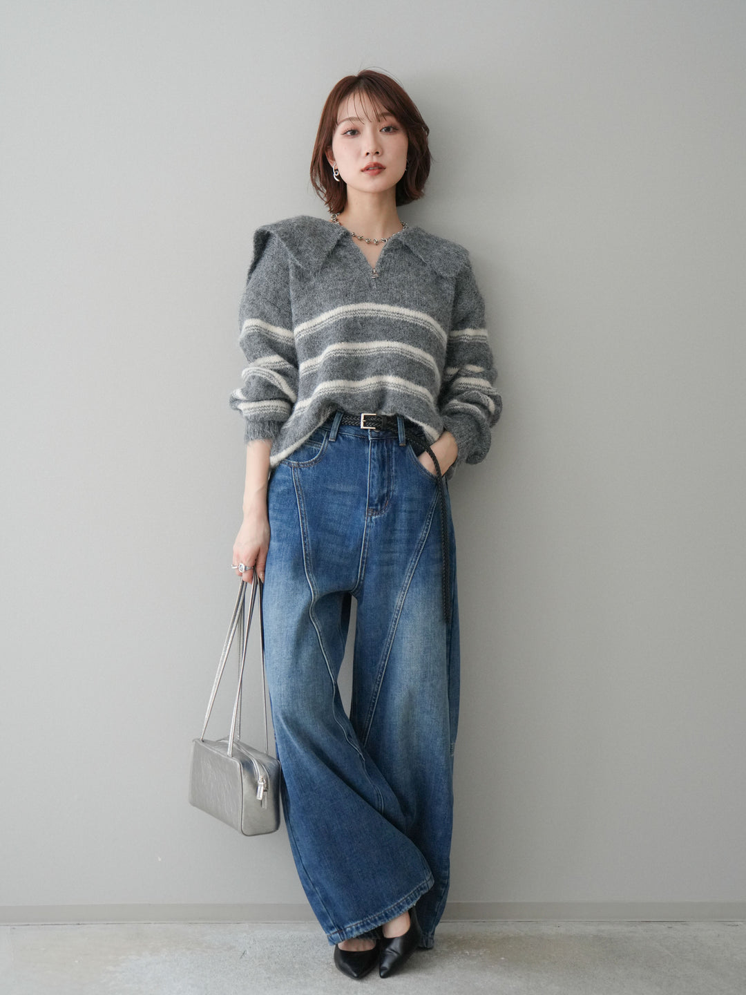 [予約]ハーフジップボーダーニットプルオーバー/gray