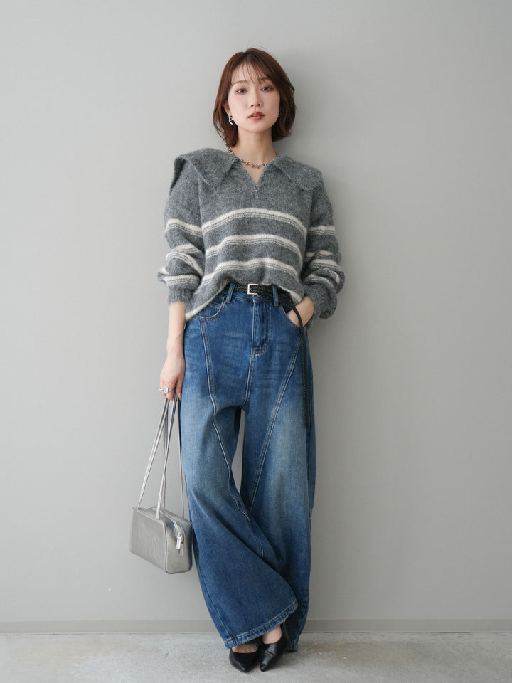 [予約]ハーフジップボーダーニットプルオーバー/gray