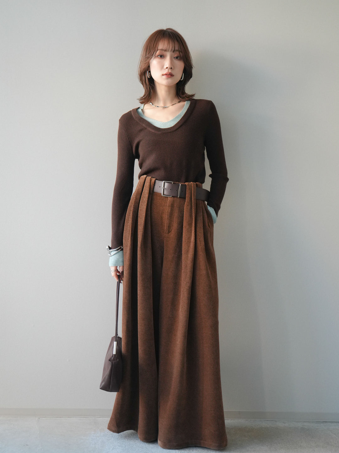 [予約]Uネック配色レイヤードリブニットトップス/brown