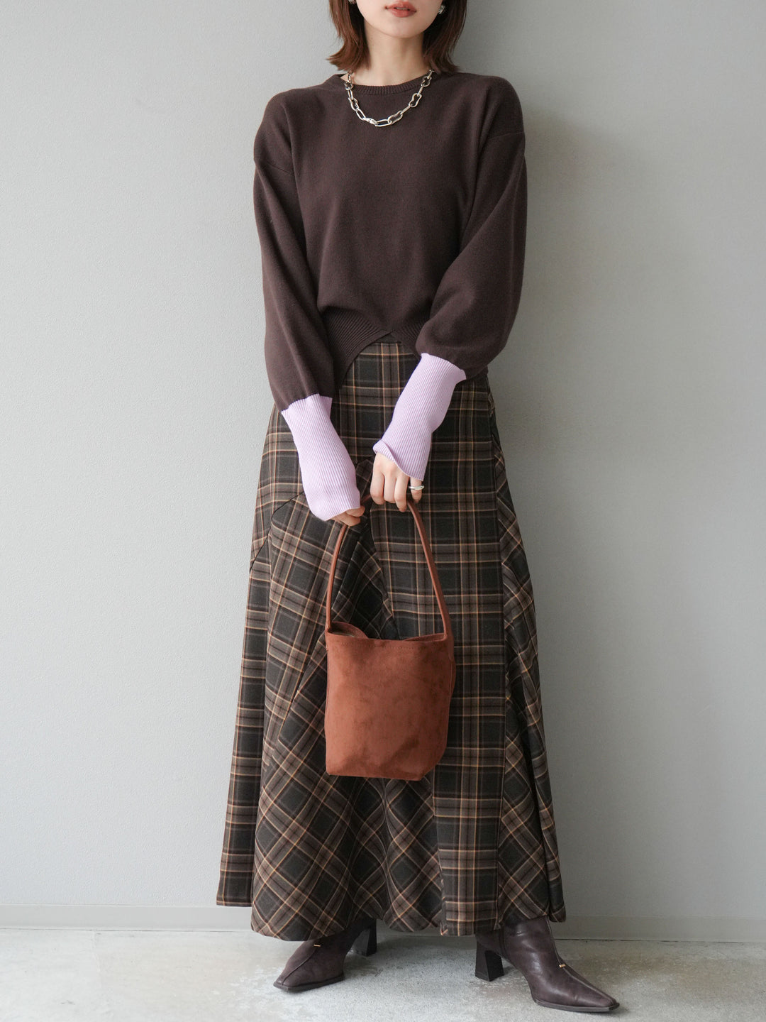 [予約]チェック柄マーメイドスカート/ブラウン
