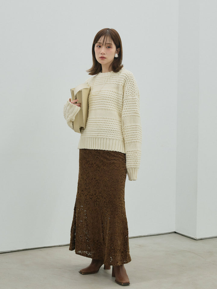 【Allure】[SET]ライン編みニットプルオーバー+起毛レースストレッチナロースカート(2set)