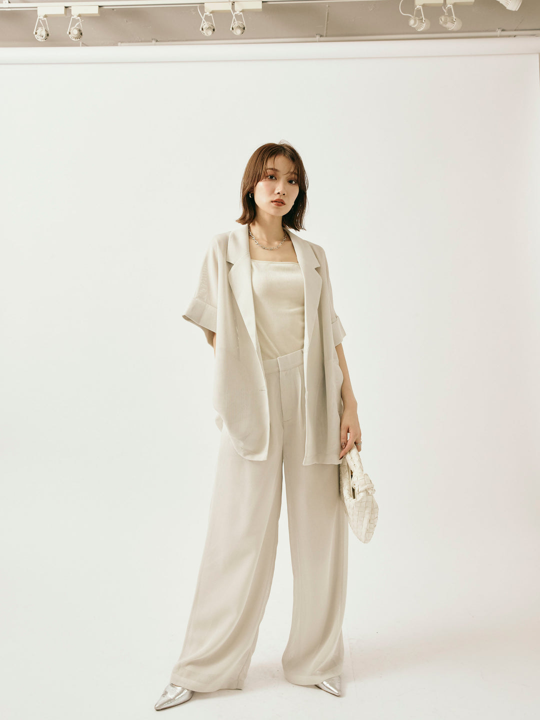 [予約]メッシュタックワイドパンツ/オフグレー