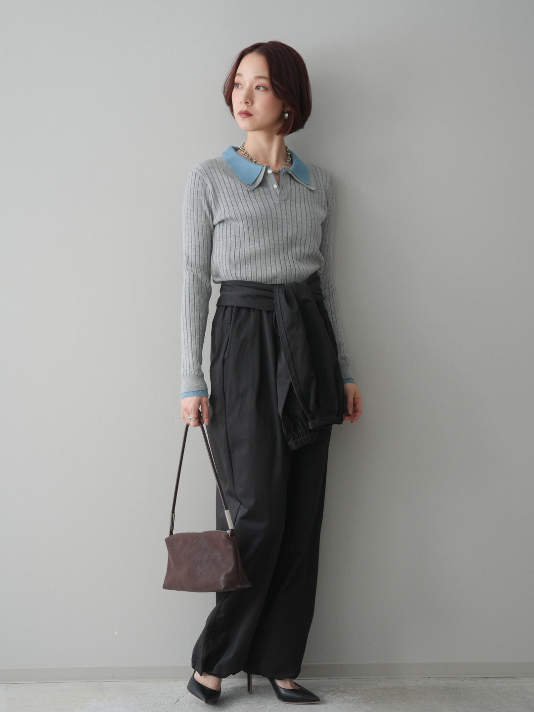 [予約]ダブル襟ポロリブニットトップス/gray