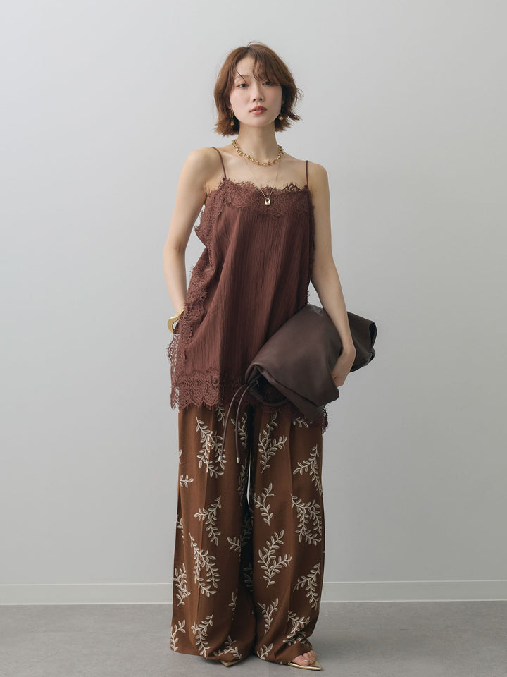 [予約]ワッシャーテクスチャーレーストリムキャミソール/brown