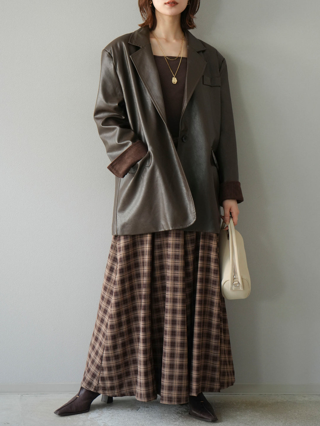[予約]チェックタックフレアロングスカート/ ブラウン