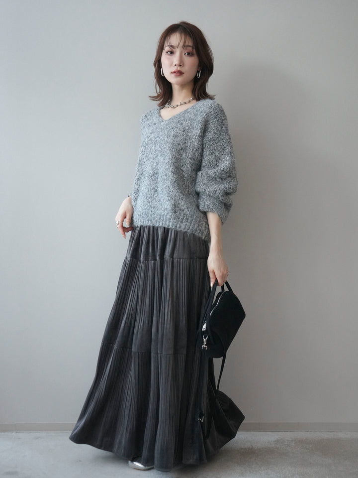 [SET]Vネックミックスヤーンニットプルオーバー+ベロアティアードワッシャースカート(2set)