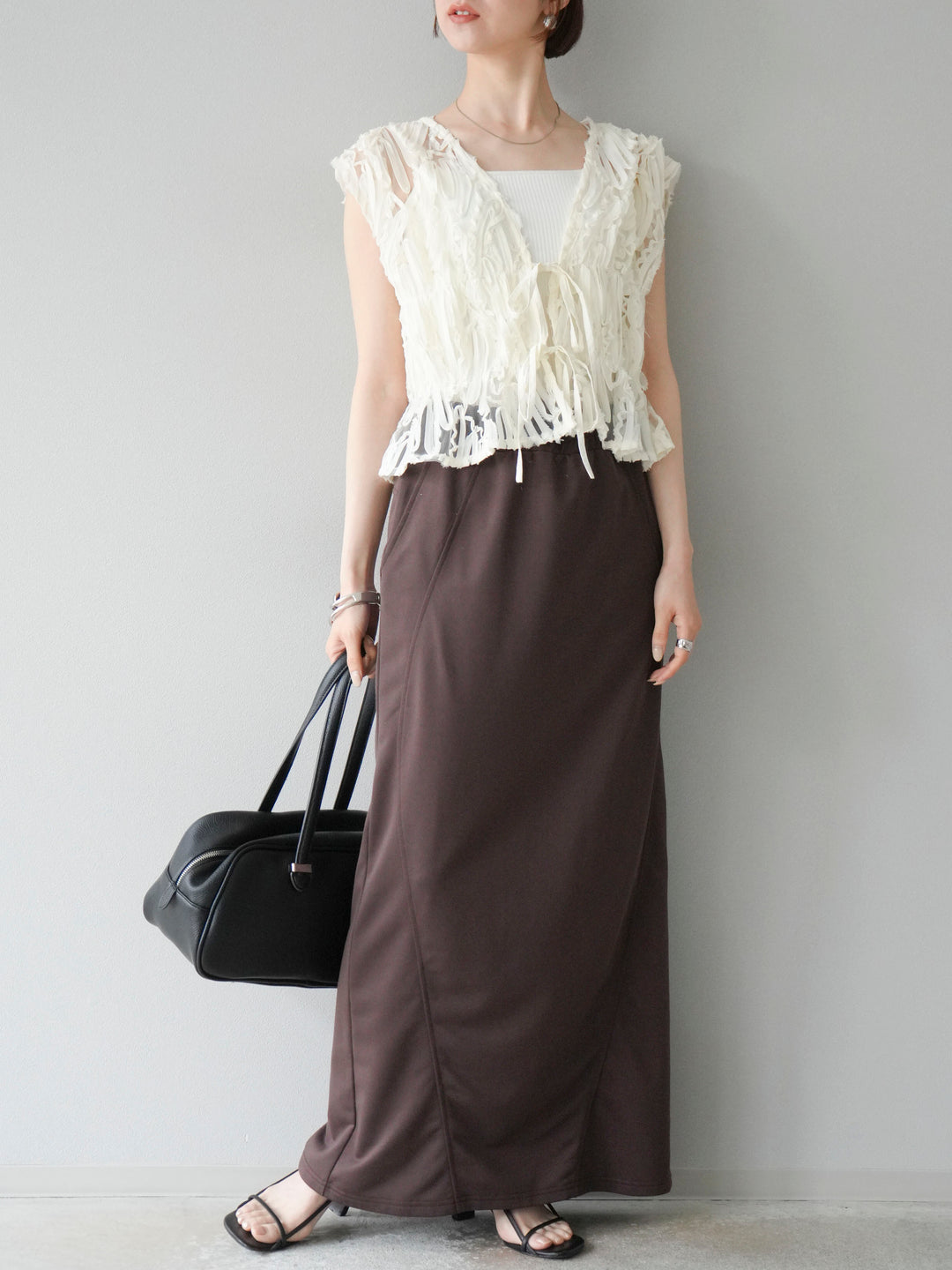 [SET]ジャガードレースリボントップス+スウェットロングスカート(2set)