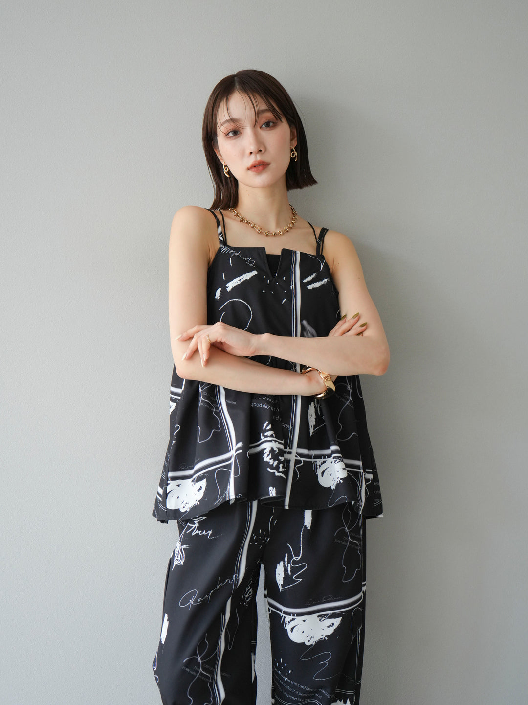 [予約]ペイント柄キャミソール/ブラック