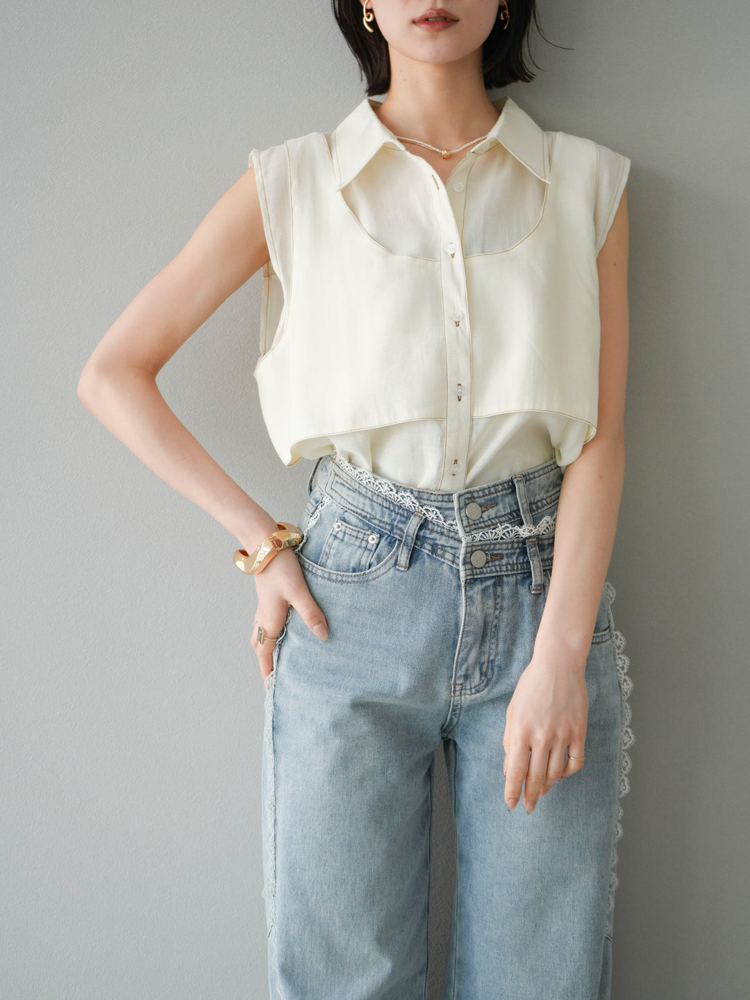 [予約]ステッチシアーレイヤードデザインブラウス/アイボリー