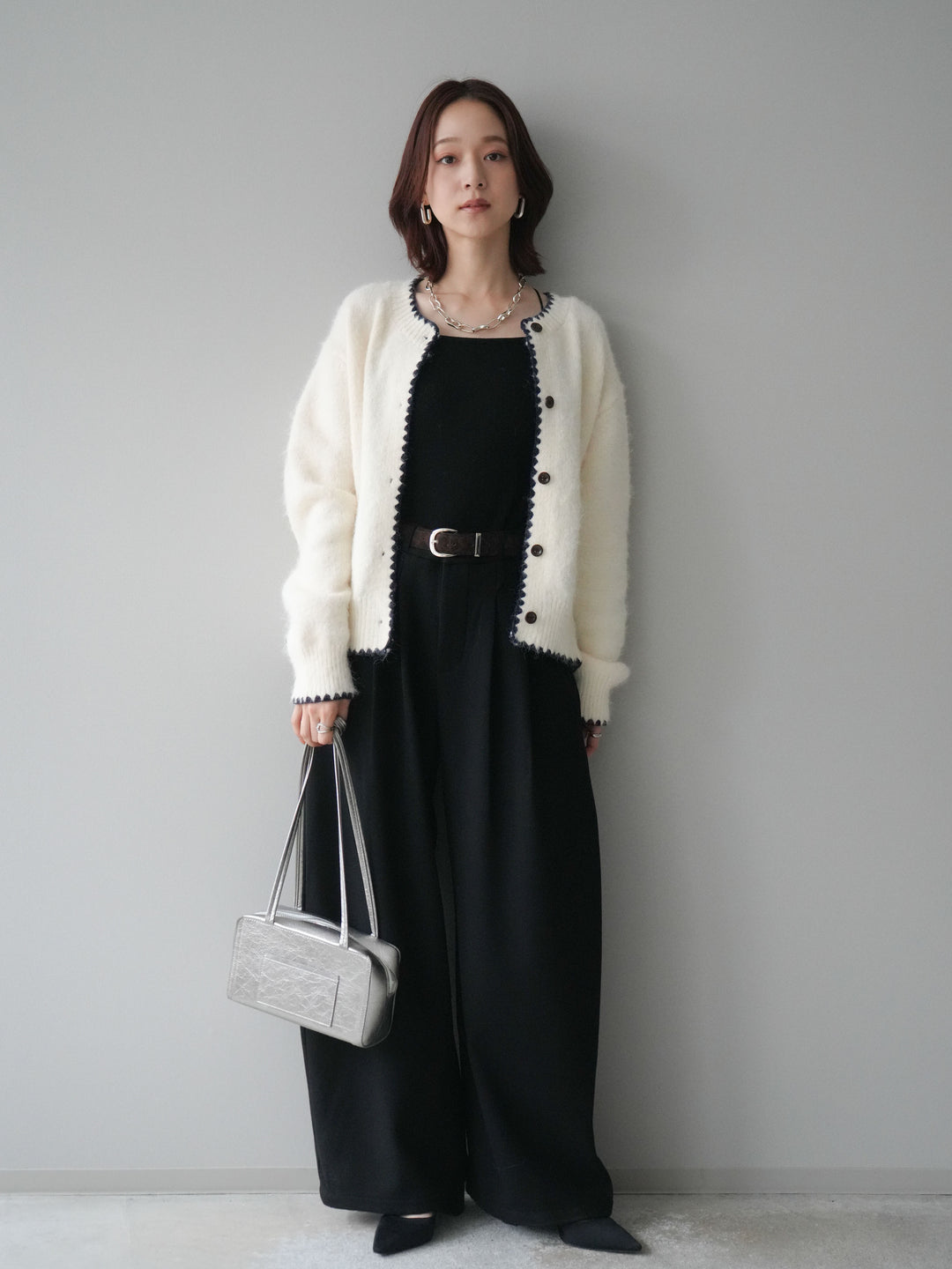[SET]三角ステッチニットカーディガン+アニマル柄ベルト付きウールタッチワイドパンツ(2set)