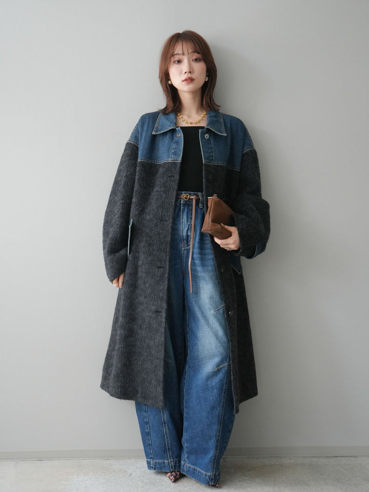 [予約]デニム切替シャギーステンカラーコート/charcoal