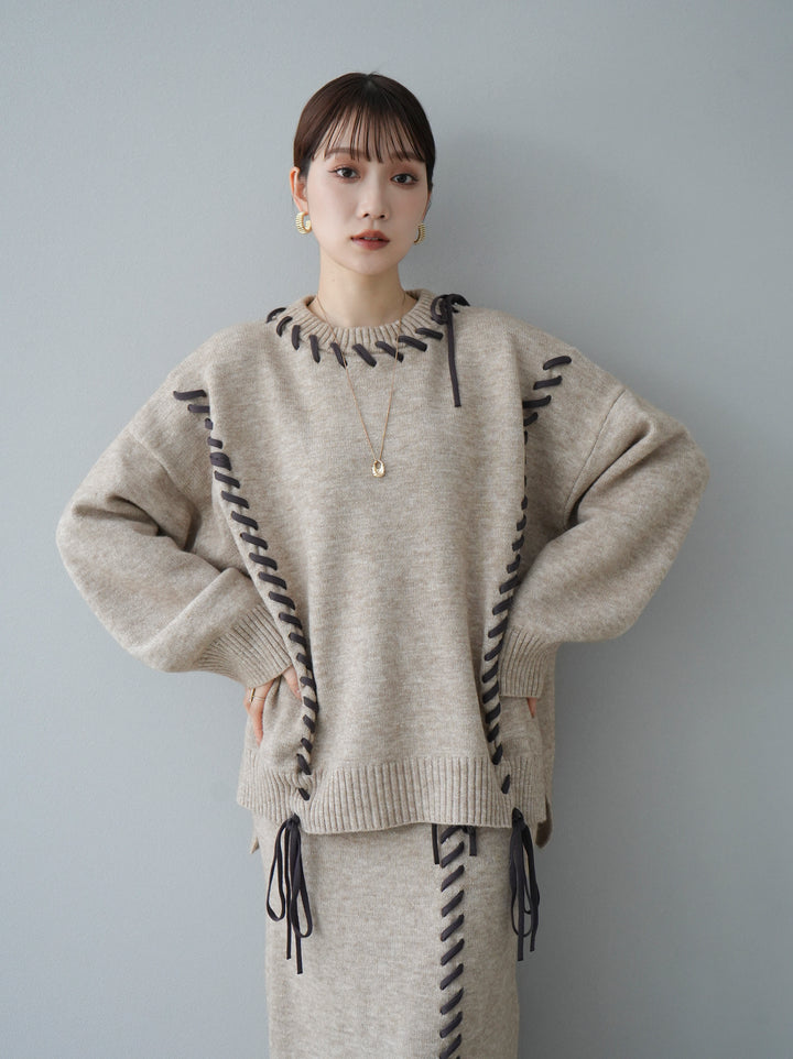 [Pre-order] Hand-stitched color-coordinated over-knit pullover/beige