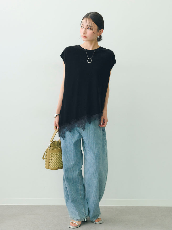 [予約]ベロアレースコンビアシメノースリトップス/black